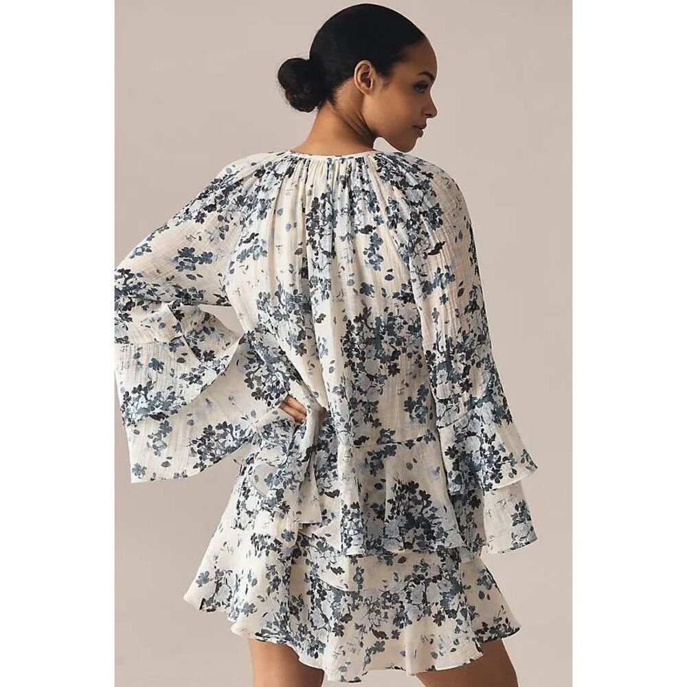 NWOT Maeve By Anthropologie Long-Sleeve V-Neck Mini Swing Dress Blue White Sz 2X - Picture 4 of 16